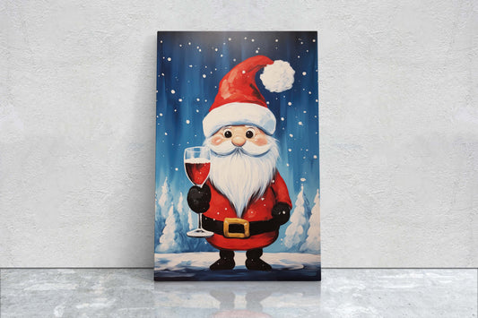 Cute Santa Wine, Santa Clause, Christmas Decor, Santa Painting, Saint Nick, Christmas Gift, Framed Canvas, Father Christmas, Holiday Artwork