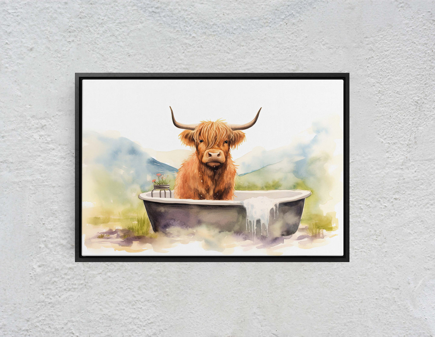 Highland Cow on Canvas, Cow Bathtub, Bathroom Decor, Scottish Cow, Bovine Art, Powder Room, Barn Style, Fun Art, Farm Print, Oversized Art
