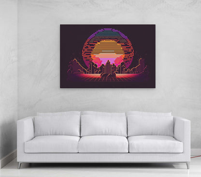 Pixel Art Sunset City Canvas Art Ready To Hang Large Print, Man Cave, Video Game, Retro, Synthwave