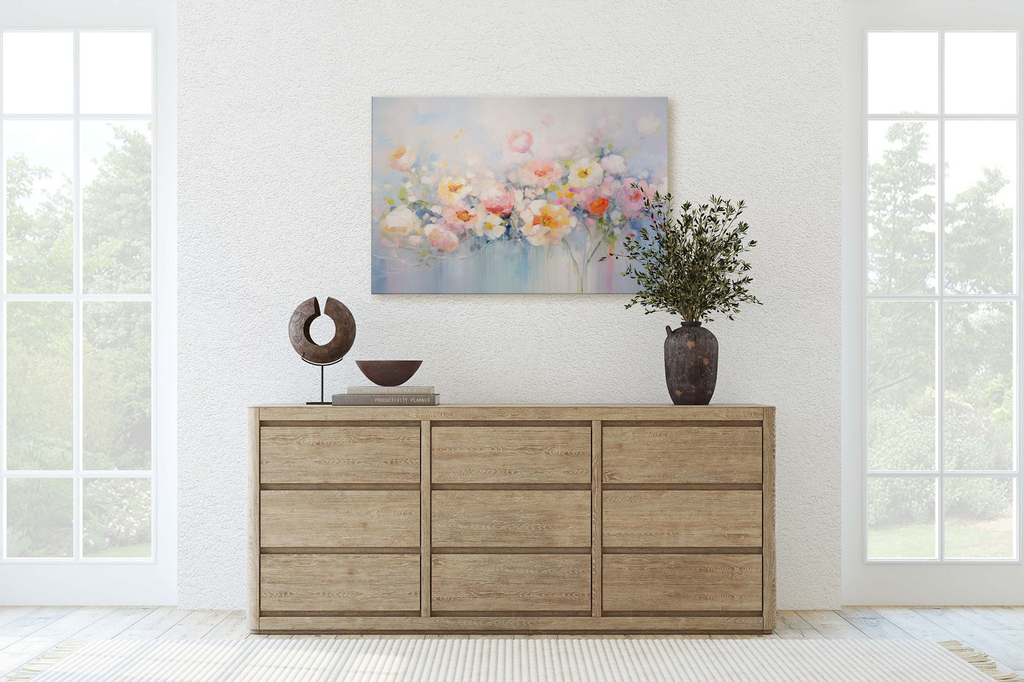 Abstract Floral Print, Flowers in Rain, Blue Canvas, Fine Art, Modern Artwork, Contemporary Print, Framed Canvas, Giclee