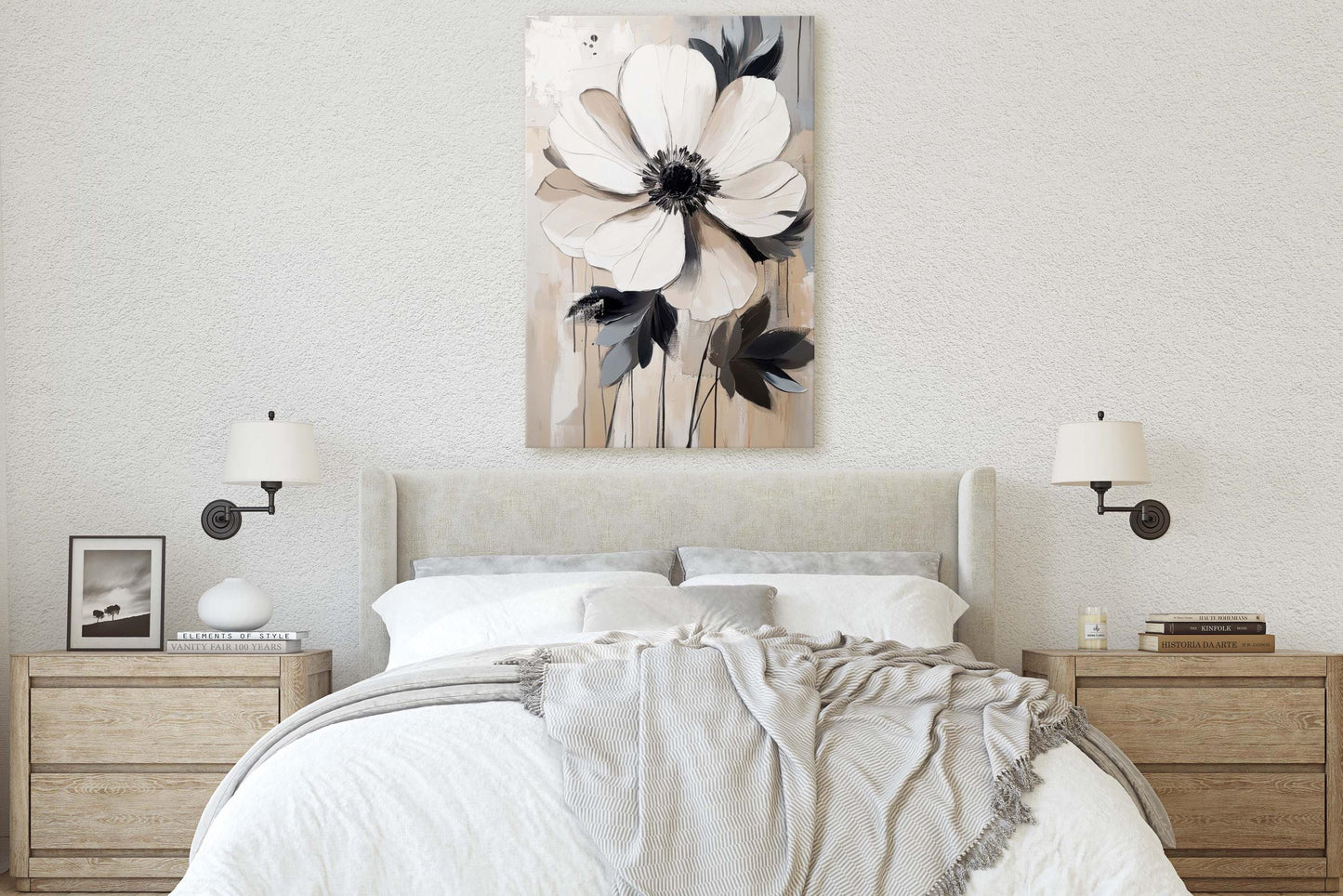Modern Flower, Contemporary Art, Flower Painting, Black White Beige