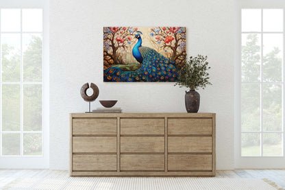 Peacock Painting,  Colorful Art, Vibrant Decor, Peacock Wall Art, Framed Canvas