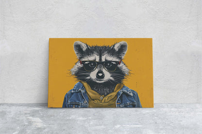 Hipster Racoon, Pop Art, Street Art, Graffiti Painting, Animal Sunglasses, Yellow, Fun Quirky, Large Art Print, Kids Room, Boys Room