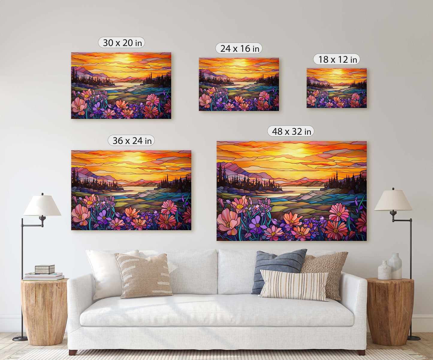 Stained Glass Painting, Faux Stained Glass, Sunset Flowers, Sunrise Field, Mountain Landscape, Framed Canvas, Vivid Colorful