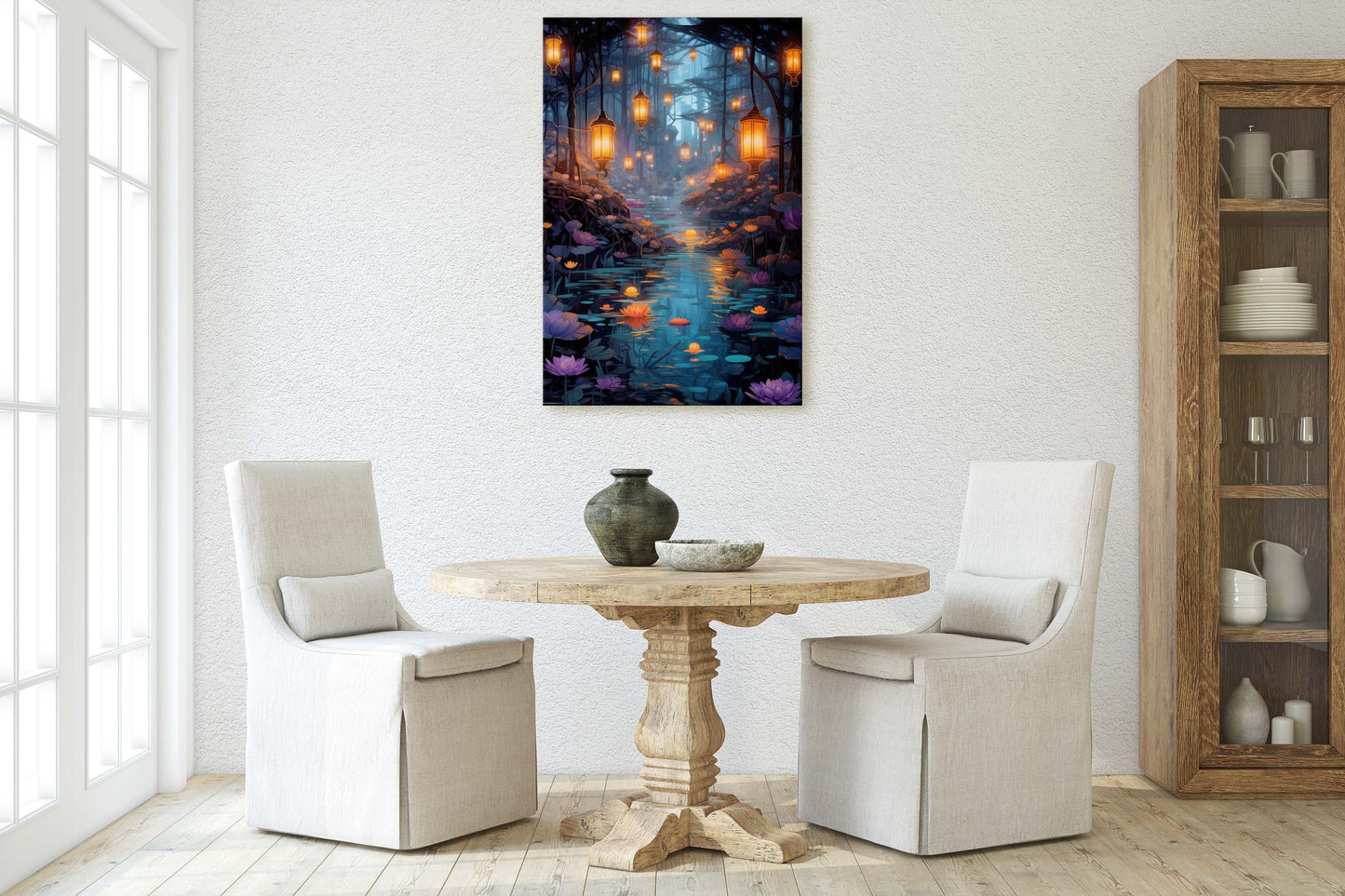 Enchanted Stream, Lamps Night Art, Lantern Forest, Vertical Canvas, Fantasy Decor, Office Art, River Art, Lily Stream, Floating Flower