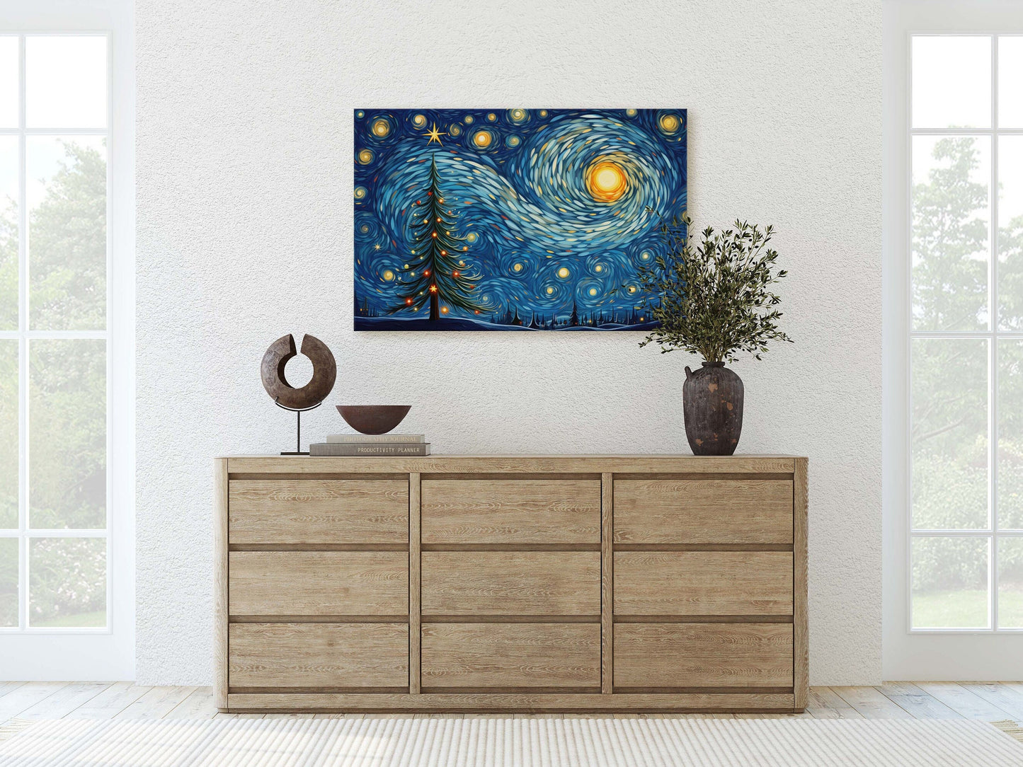 Starry Night Christmas, Christmas Tree, Pine Tree, Winter Decor, Festive Art, X-mas Print, Framed Canvas