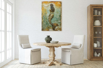 Rustic Mermaid, Faux metal art, Mythical Creature, Ocean Decor, Framed Canvas, Large Art print, Fantasy Painting