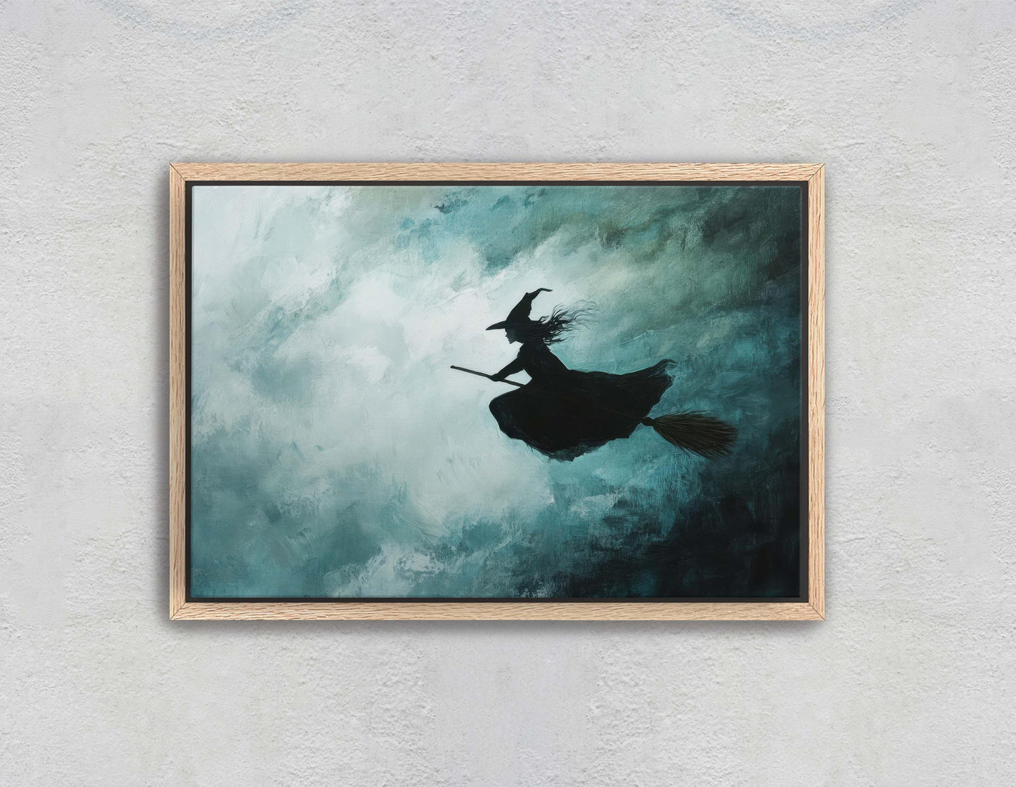 Flying Witch, Witch on Broomstick, Whimsical Decor, Full Moon, Halloween Art, Cloudy, Fall Art