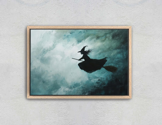 Flying Witch, Witch on Broomstick, Whimsical Decor, Full Moon, Halloween Art, Cloudy, Fall Art