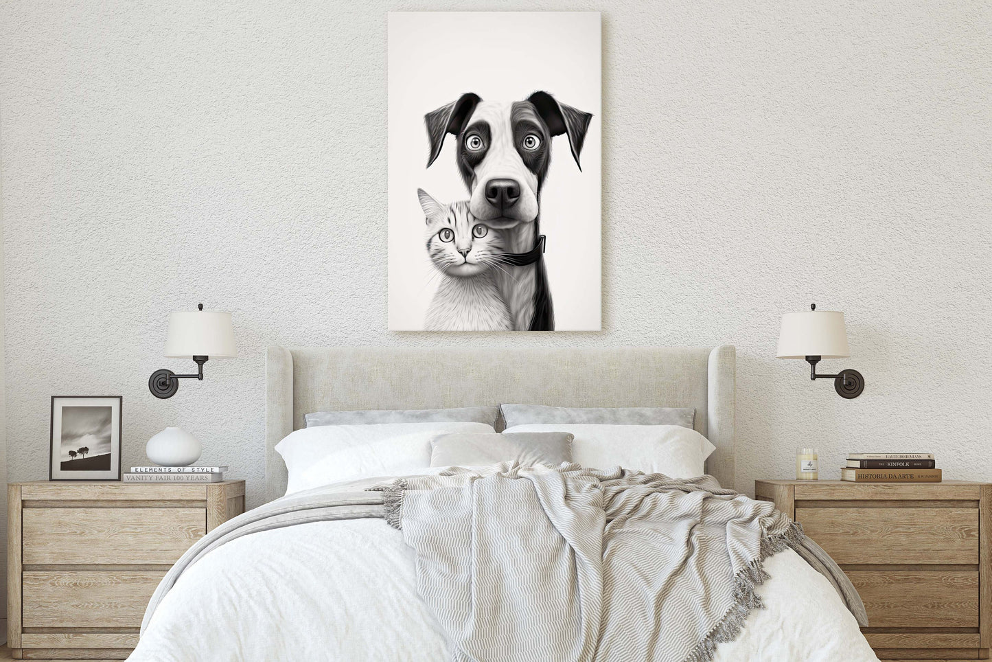 Black White Cat Dog, Loving Pets, Cute Animals, Minimalism, Animal Art, Kitten Decor, Puppy Art, Framed Canvas, Quirky Animal