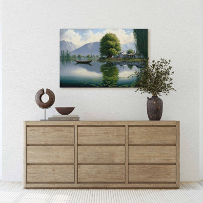 Lake Cottage Canvas Art Ready To Hang Large Print, Oil Painting, Landscape, Dali Lake India