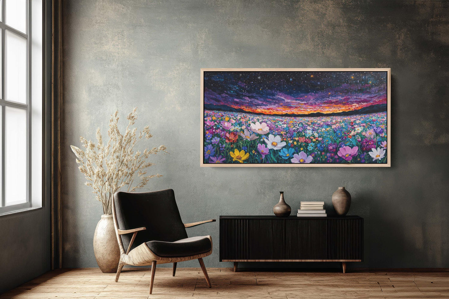 Night Sky Flowers, Meadow in the Night, Dark Colorful, Vibrant Decor, Large Art Print