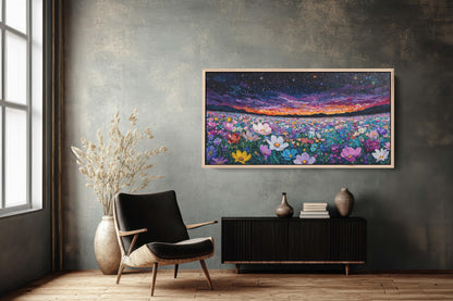 Night Sky Flowers, Meadow in the Night, Dark Colorful, Vibrant Decor, Large Art Print