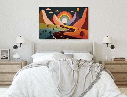 Rainbow Road, Colorful mountain, Minimalist, Canvas Art Large Print, Oil Painting, Landscape, Cartoon, Bold Illustration, Joyful