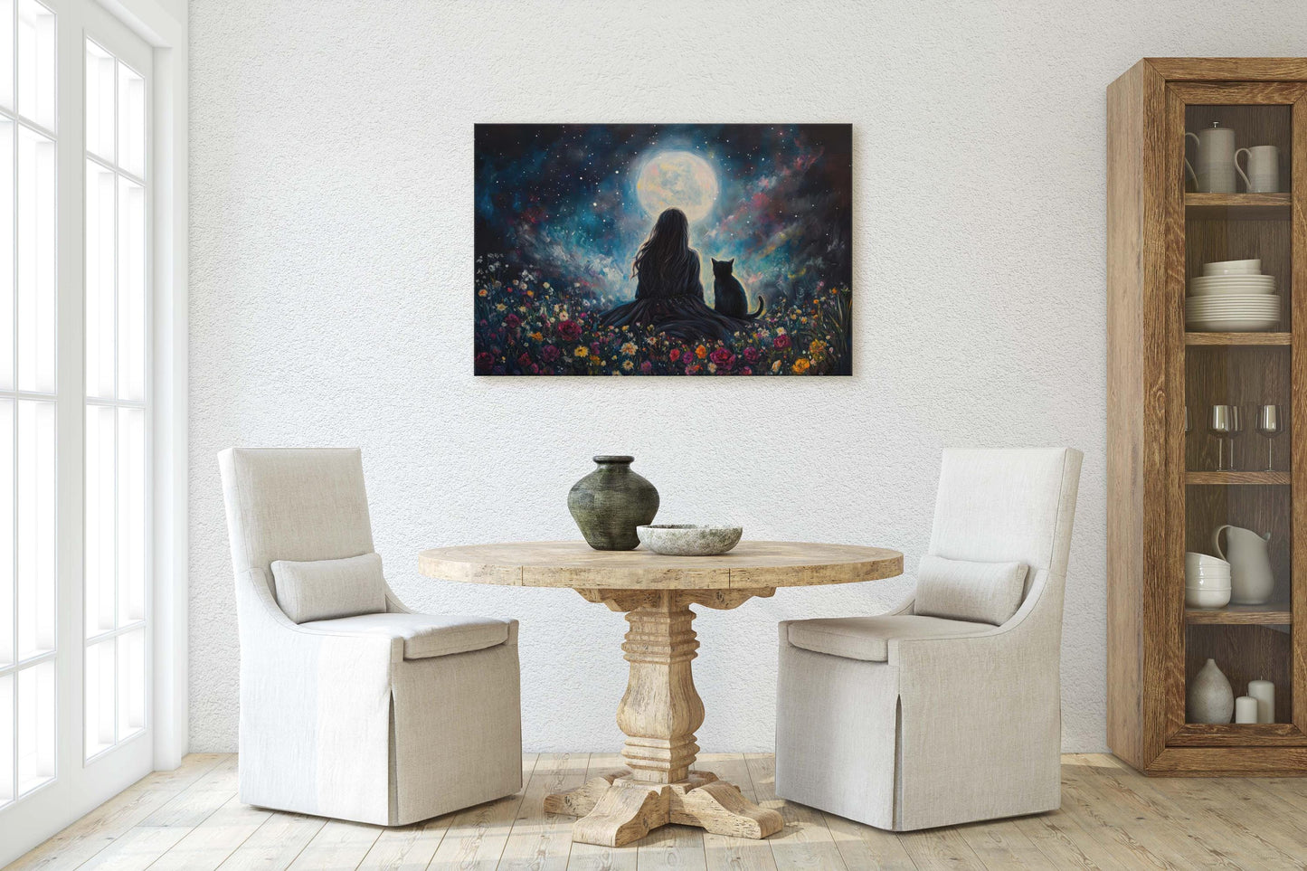 Girl and Cat Moon, Moonlit Night, Dreaming of Tomorrow, Halloween Art, Full Moon, Witch and Cat