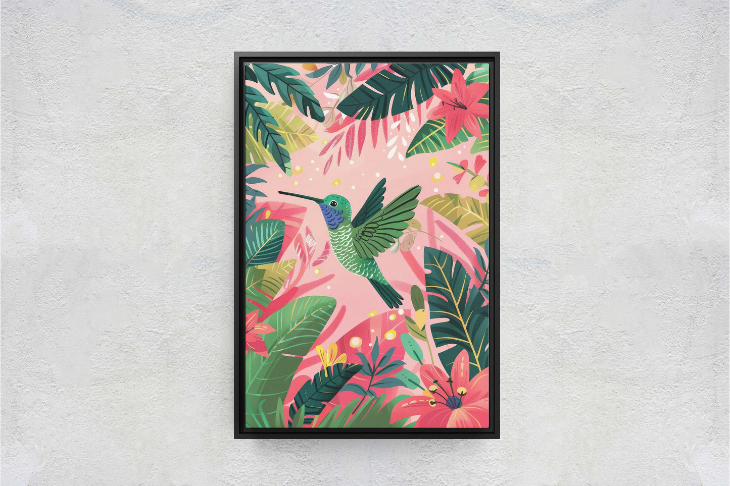 Hummingbird Illustration, Framed Canvas, Tropical Art, Maximalist Jungle, Botanical Print, Bold Eclectic, Pink Art