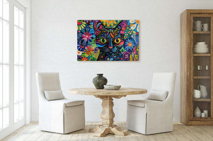 Whimsical Cat Art, Geometric Colorful, Abstract Cat, Pop Art, Large Art Print, Framed Canvas, Black Cat, Cat Lover, Animal Art