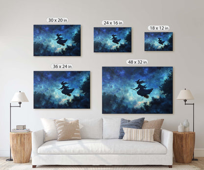 Flying Witch, Witch on Broomstick, Whimsical Decor, Halloween Art, Star Sky, Forest Night