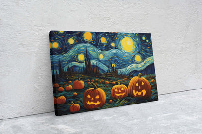 Pumpkin Starry Night on Canvas, Halloween Van Gogh, Jack-O-Lantern, Pumpkin Patch, Framed Canvas, Fun Halloween