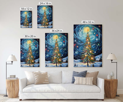 Starry Christmas Tree, Starry Night, Christmas Painting, Xmas Decor, Framed Canvas, Large Painting, Festive Print, Winter Art
