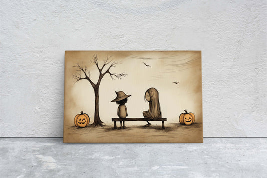 Cute Trick or Treat, Halloween Friends, Costume Bench, Cutesy Art, Adorable Halloween, Halloween bench, Retro Vintage Art, Subdued