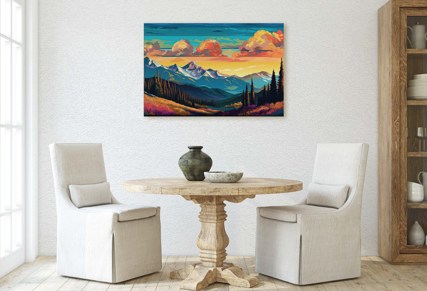 Cloud Mountains on Canvas, Flat Illustration, Sunset Colors, Sunrise Scene, Mountain Range, National Park, Abstract Art, Drawing, Framed