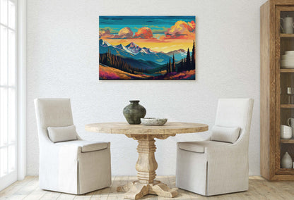 Cloud Mountains on Canvas, Flat Illustration, Sunset Colors, Sunrise Scene, Mountain Range, National Park, Abstract Art, Drawing, Framed