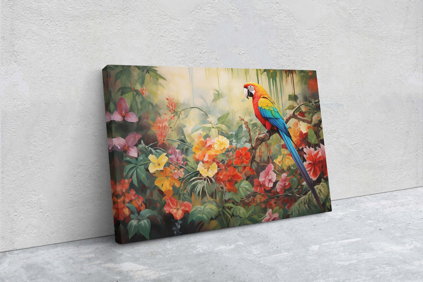 Jungle Bird Painting, Jungle Art, Green Jungle, Framed Canvas, Large Print, Beautiful Bird, Flower Jungle, Tropical Forest, Rainforest Art
