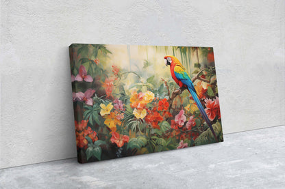 Jungle Bird Painting, Jungle Art, Green Jungle, Framed Canvas, Large Print, Beautiful Bird, Flower Jungle, Tropical Forest, Rainforest Art