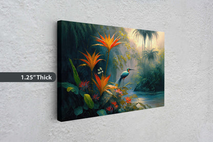 Jungle Flower Bird Canvas Art Ready To Hang Large Print, Oil Painting, Landscape