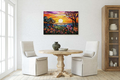 Stained Glass Painting, Faux Stained Glass, Sunset Flowers, Sunrise Field, Mountain Landscape, Framed Canvas, Vivid Colorful