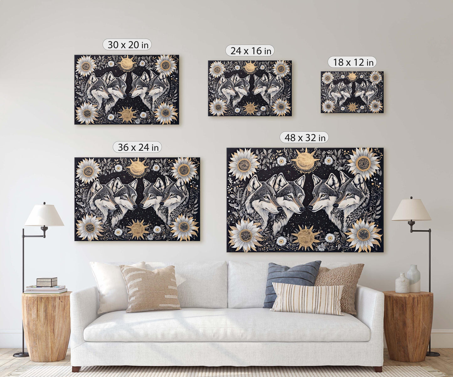 Wolves Folk Art, Celestial Art, Wolf Art, Nature print, Canvas print