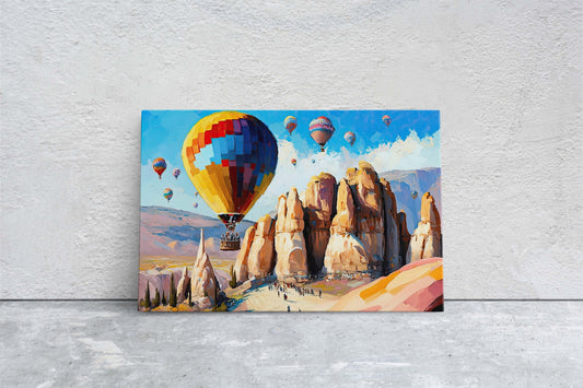 Cappadocia Turkey, Hot Air Balloons,Canvas Art Large Print,Painting, Landscape, Rock Spire, Cliff Art, Bright, Vivid, Colorful