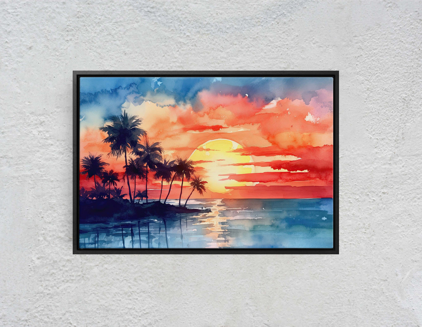 Beach Sunset on Canvas, Tree silhouette, Sunrise Beach, Watercolor, Framed Canvas, Red Orange, Blue