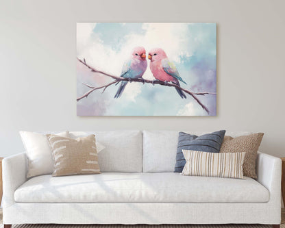 Love Birds, Love At First Sight, Bird Art Print, Pastel Colors, Blue Pink Purple