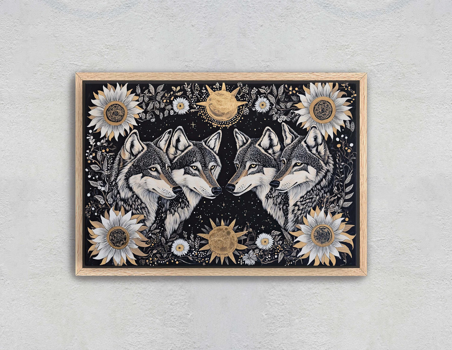 Wolves Folk Art, Celestial Art, Wolf Art, Nature print, Canvas print