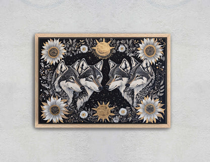Wolves Folk Art, Celestial Art, Wolf Art, Nature print, Canvas print