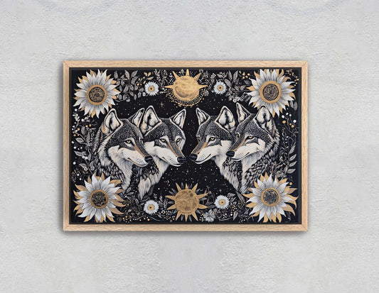 Wolves Folk Art, Celestial Art, Wolf Art, Nature print, Canvas print