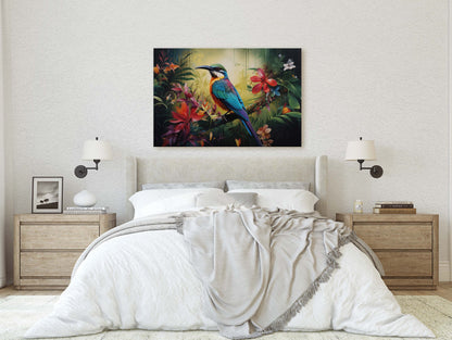 Jungle Bird Painting, Jungle Art, Green Jungle, Framed Canvas, Large Print, Beautiful Bird, Flower Jungle, Tropical Forest, Rainforest Art