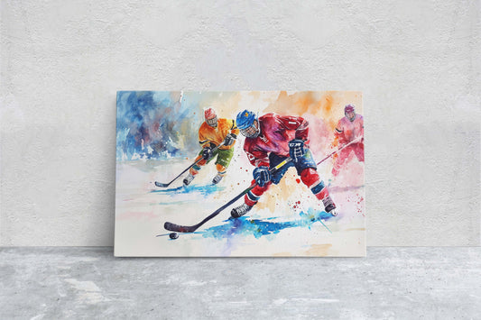 Hockey Painting, Watercolor Hockey, Sport Painting, Colorful Decor, Gift For Him, Framed Canvas, Kids Room, Boys Room