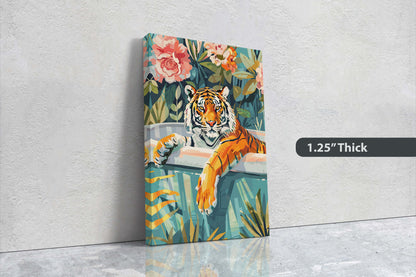 Tiger Bathtub, Maximalist Art, Dopamine Decor, Pink Kitsch, Bathroom Art, Framed Canvas, Large Art print, Dorm Decor
