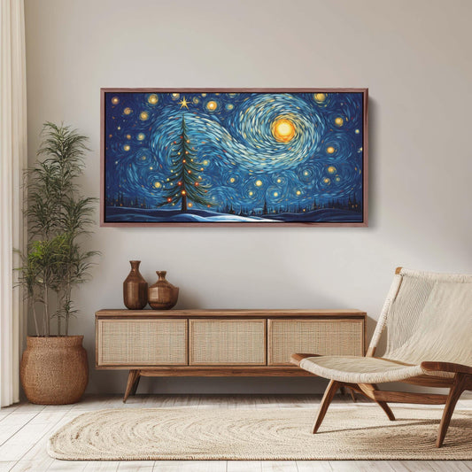 Starry Night Christmas, Christmas Tree, Pine Tree, Winter Decor, Festive Art, X-mas Print, Framed Canvas