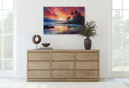 Dusk Beach on Canvas, Sunset Ocean, Sunrise Oceanside, Watercolor, Framed Canvas, Palm Trees, Subdued Art, Tropical Paradise