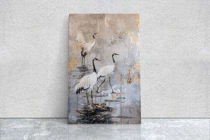 Japanese Cranes, Gold & Beige, Minimalist Art, Heron Decor, Framed Canvas, Japandi Print, Extra Large, Neutral Tones