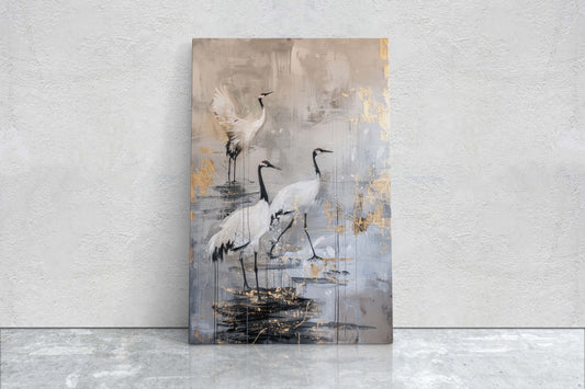 Japanese Cranes, Gold & Beige, Minimalist Art, Heron Decor, Framed Canvas, Japandi Print, Extra Large, Neutral Tones