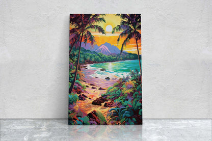 Vibrant Coast on Canvas, Ancient Beach, Framed Canvas, Prehistoric Landscape, Coastline Illustration, Bold Color, Vertical Botanical