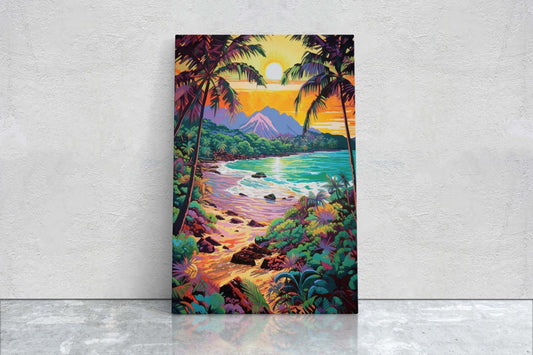 Vibrant Coast on Canvas, Ancient Beach, Framed Canvas, Prehistoric Landscape, Coastline Illustration, Bold Color, Vertical Botanical