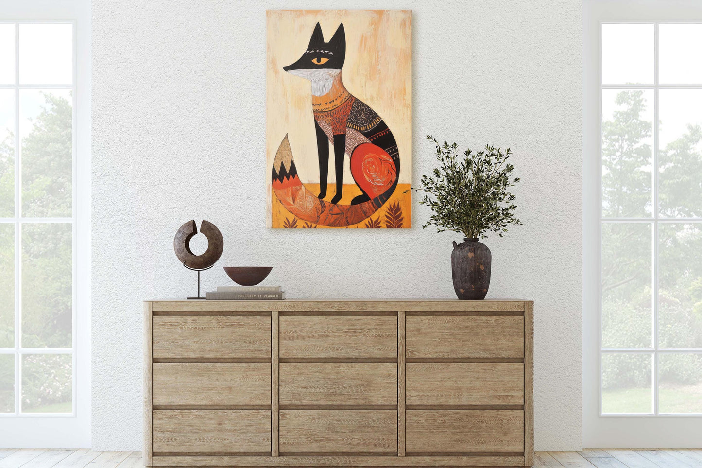 Scandinavian Fox, Folk Art, Celestial Art,  Framed Canvas, Nature Print, Whimsical, Egyptian, Abstract