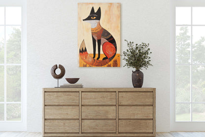 Scandinavian Fox, Folk Art, Celestial Art,  Framed Canvas, Nature Print, Whimsical, Egyptian, Abstract
