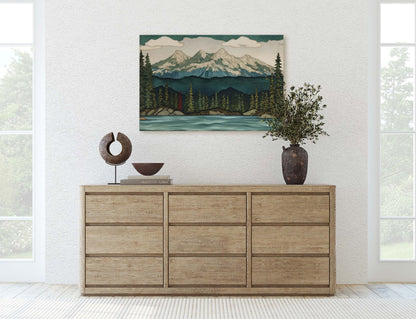 Minimalist Lake Mountain on Canvas, Scandinavian Design, Danish, Green Blue, Framed Canvas, Abstract, Simple, Landscape Painting